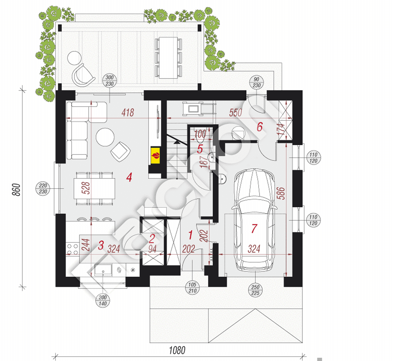 Rysunek z układem pomieszczeń - parter z ogrodem