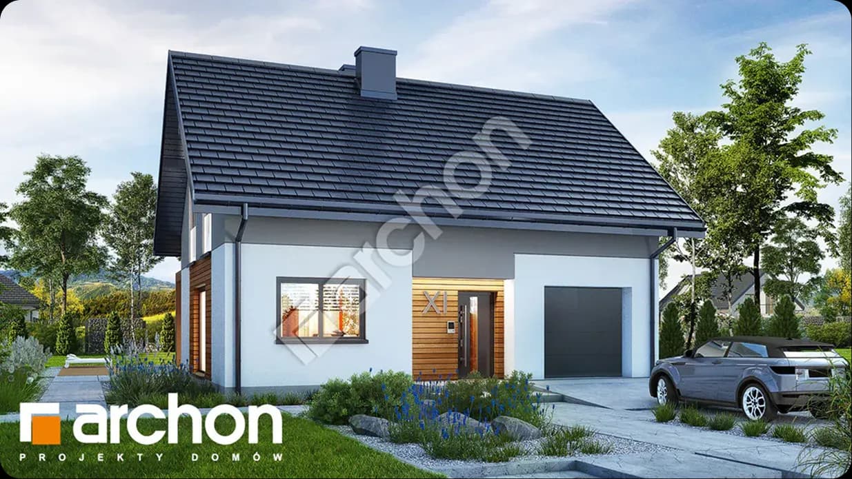 dom jednorodzinny z garażem, o białych ścianach i szarych dachówkach, położony na nowoczesnym osiedlu pełnym zieleni - drzewa, roślinność, kwiatyy