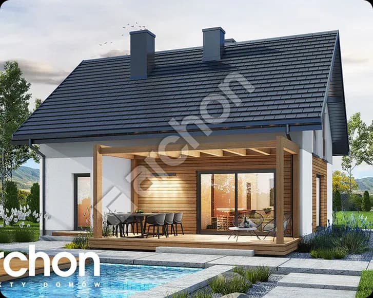 nowoczesny dom jednorodzinny z drewnianym tarasem basenem; wokół zieleń